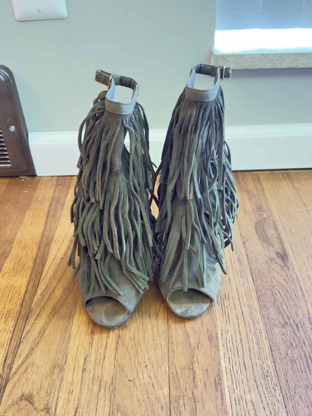 Fringed Open-Toe Ankle Boots in Olive Green - Women's